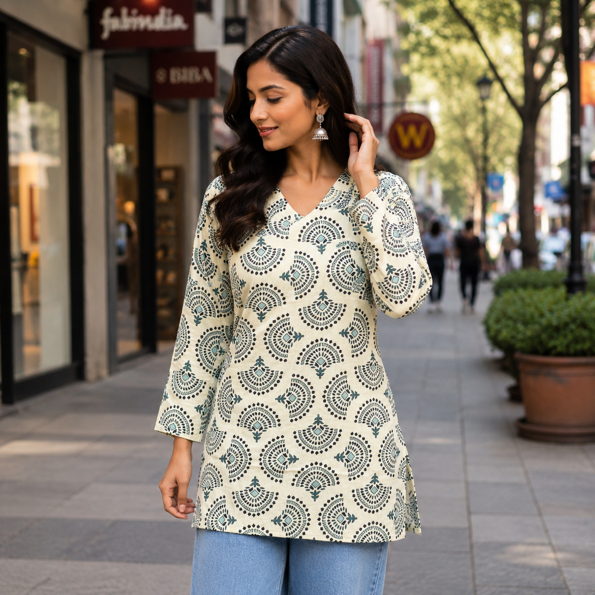 Teal & Off-White Block Printed Cotton Designer Short Kurti for Women