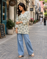 Teal & Off-White Block Printed Cotton Designer Short Kurti for Women