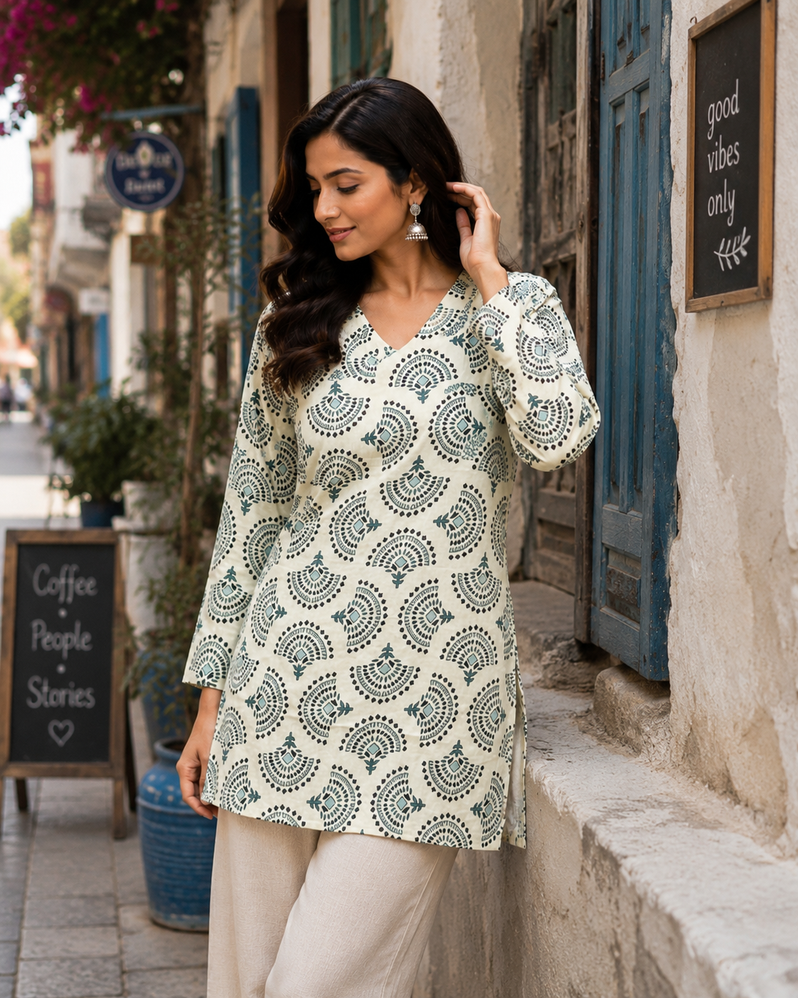 Teal & Off-White Block Printed Cotton Designer Short Kurti for Women