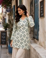 Teal & Off-White Block Printed Cotton Designer Short Kurti for Women