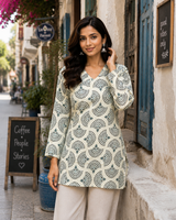 Teal & Off-White Block Printed Cotton Designer Short Kurti for Women