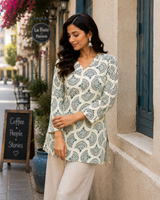 Teal & Off-White Block Printed Cotton Designer Short Kurti for Women