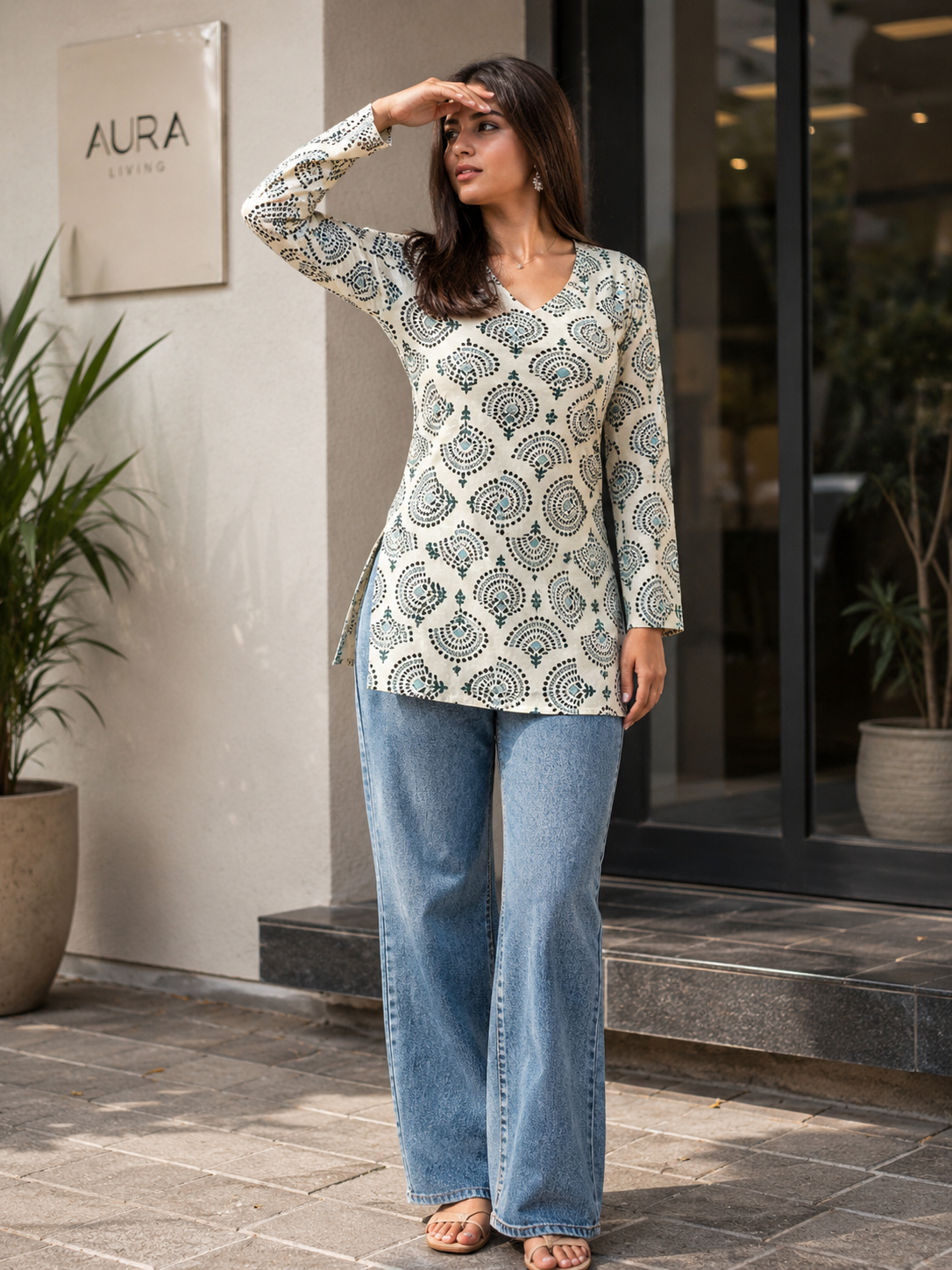 Teal & Off-White Block Printed Cotton Designer Short Kurti for Women