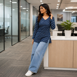 Navy Blue Block Printed Cotton Designer Short Kurti for Women