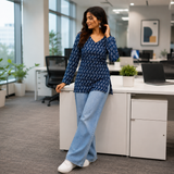 Navy Blue Block Printed Cotton Designer Short Kurti for Women