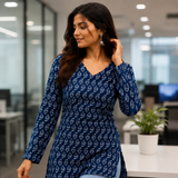 Navy Blue Block Printed Cotton Designer Short Kurti for Women