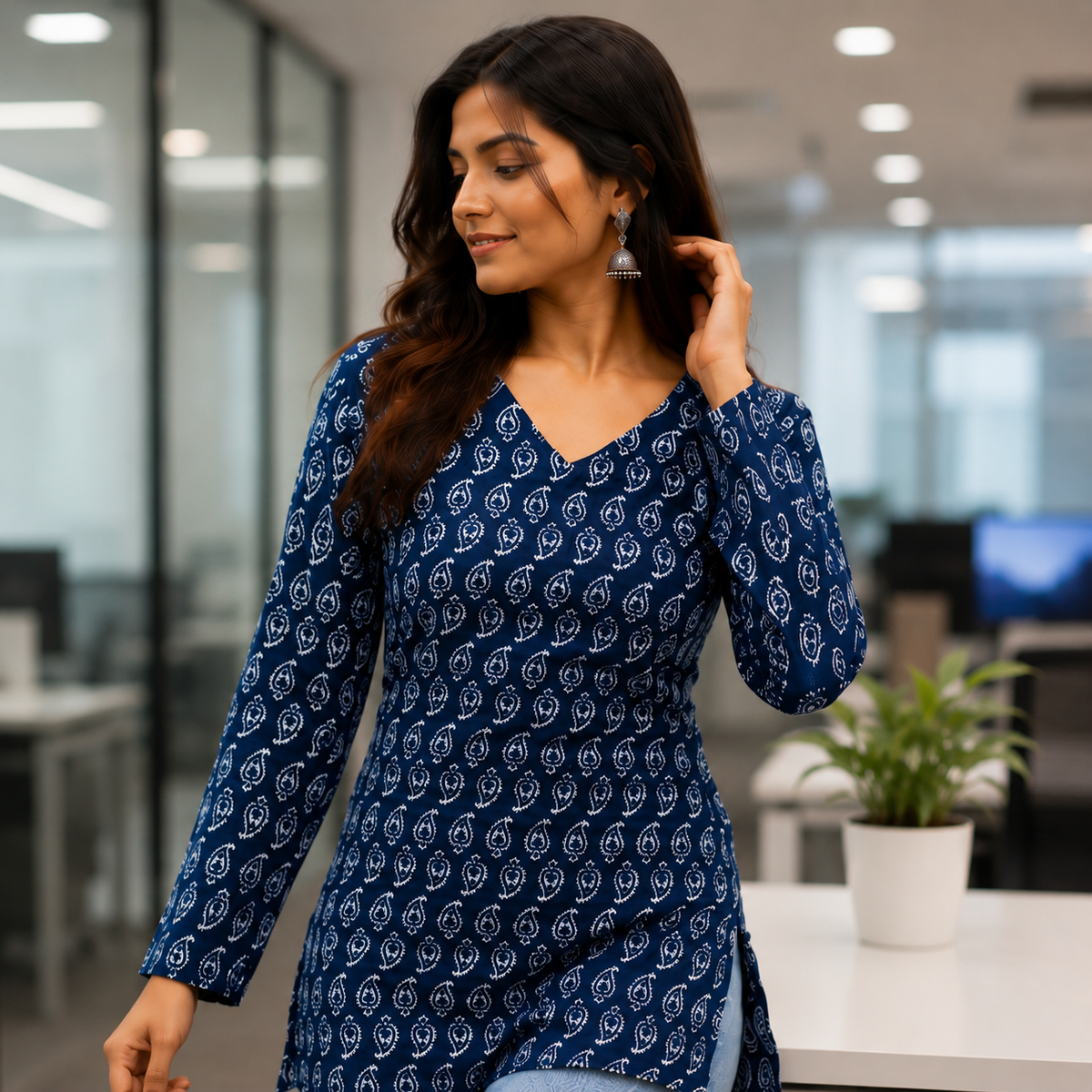 Navy Blue Block Printed Cotton Designer Short Kurti for Women
