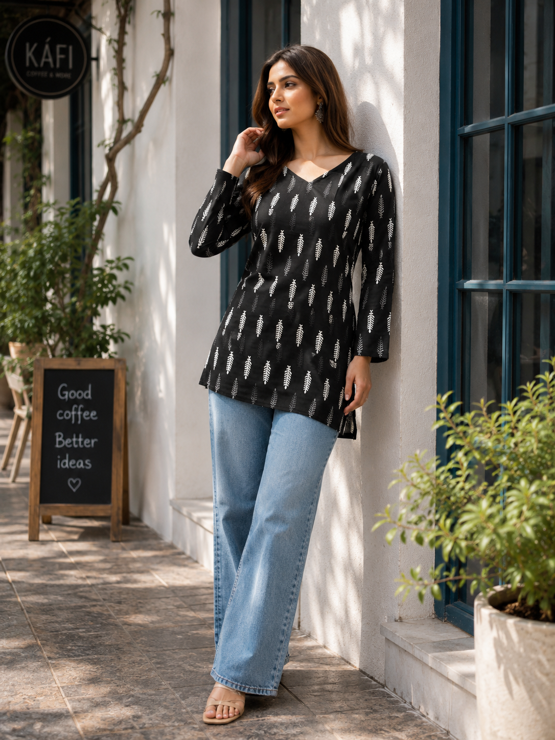 Black & White Leaf Printed Cotton Designer Short Kurti for Women