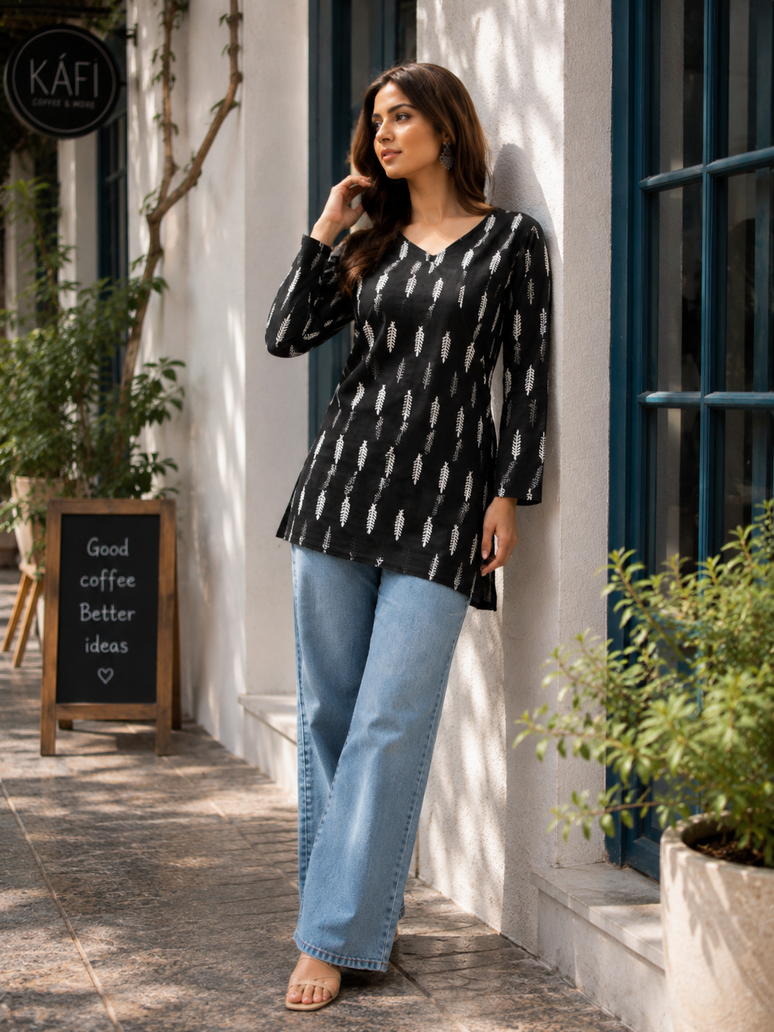 Black & White Leaf Printed Cotton Designer Short Kurti for Women