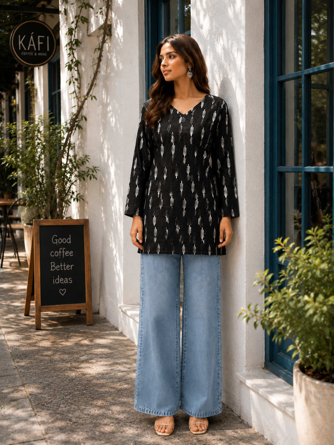 Black & White Leaf Printed Cotton Designer Short Kurti for Women