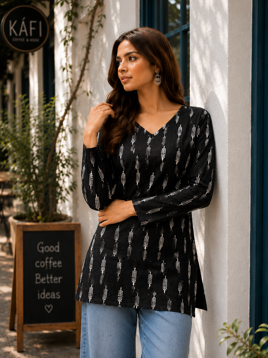 Black & White Leaf Printed Cotton Designer Short Kurti for Women