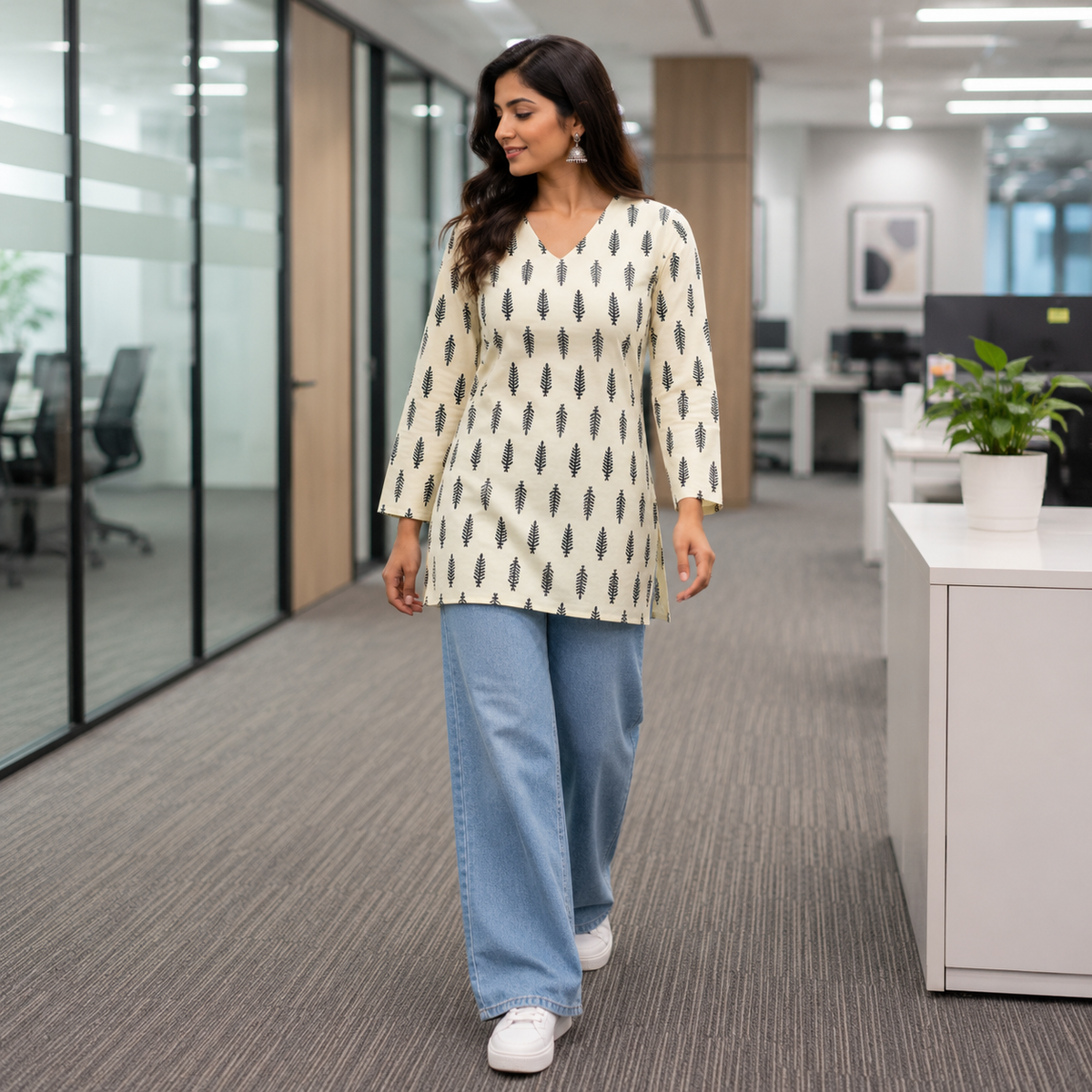 Off-White & Black Leaf Printed Cotton Designer Short Kurti for Women