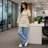 Off-White & Black Leaf Printed Cotton Designer Short Kurti for Women