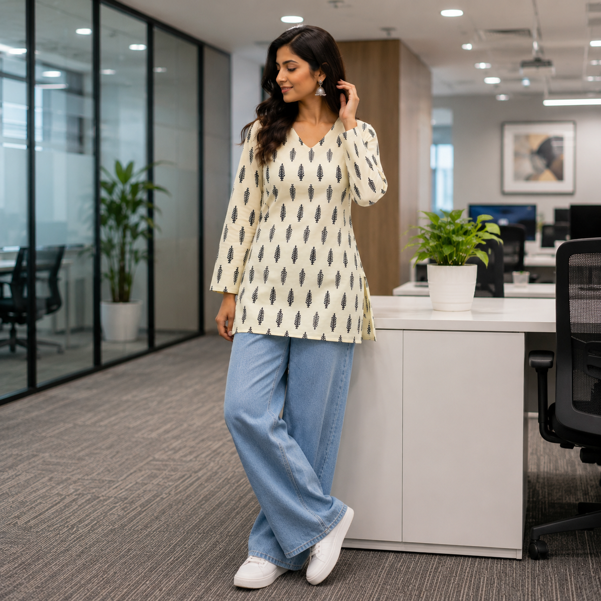 Off-White & Black Leaf Printed Cotton Designer Short Kurti for Women