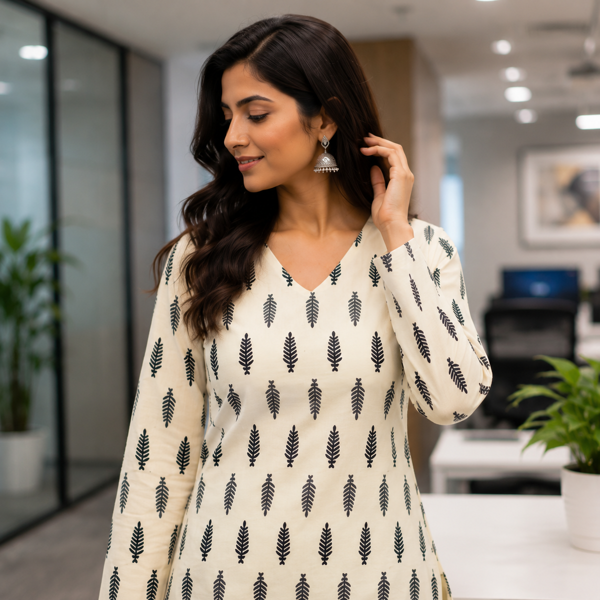 Off-White & Black Leaf Printed Cotton Designer Short Kurti for Women