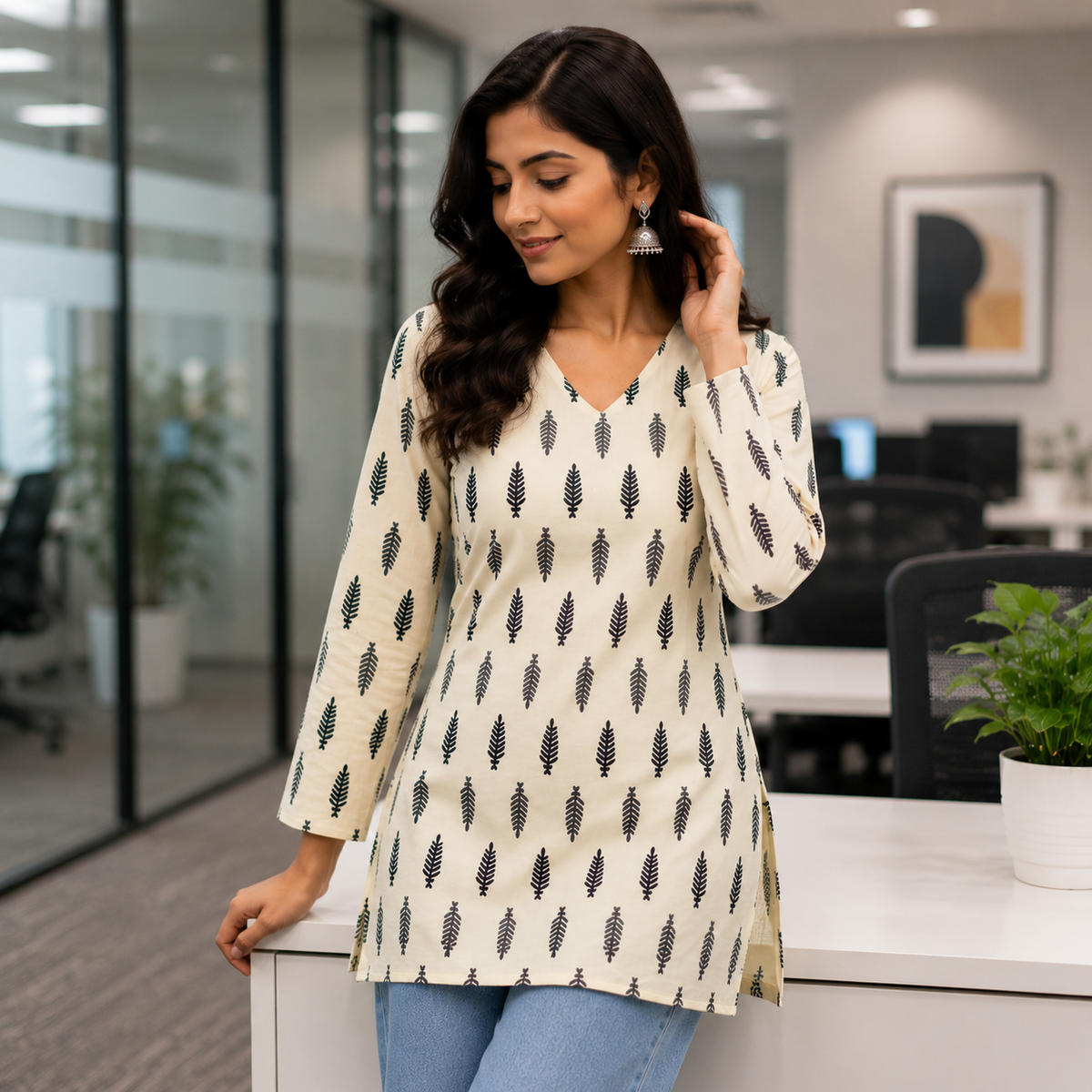 Off-White & Black Leaf Printed Cotton Designer Short Kurti for Women