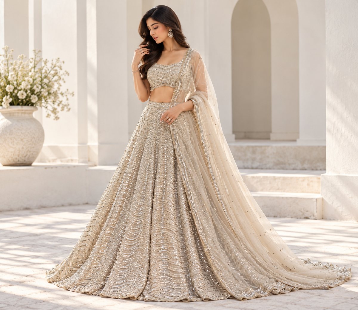 Beige Premium Heavy Organza Silk Coding & Sequins Work Bridal Lehenga Choli with Dupatta
