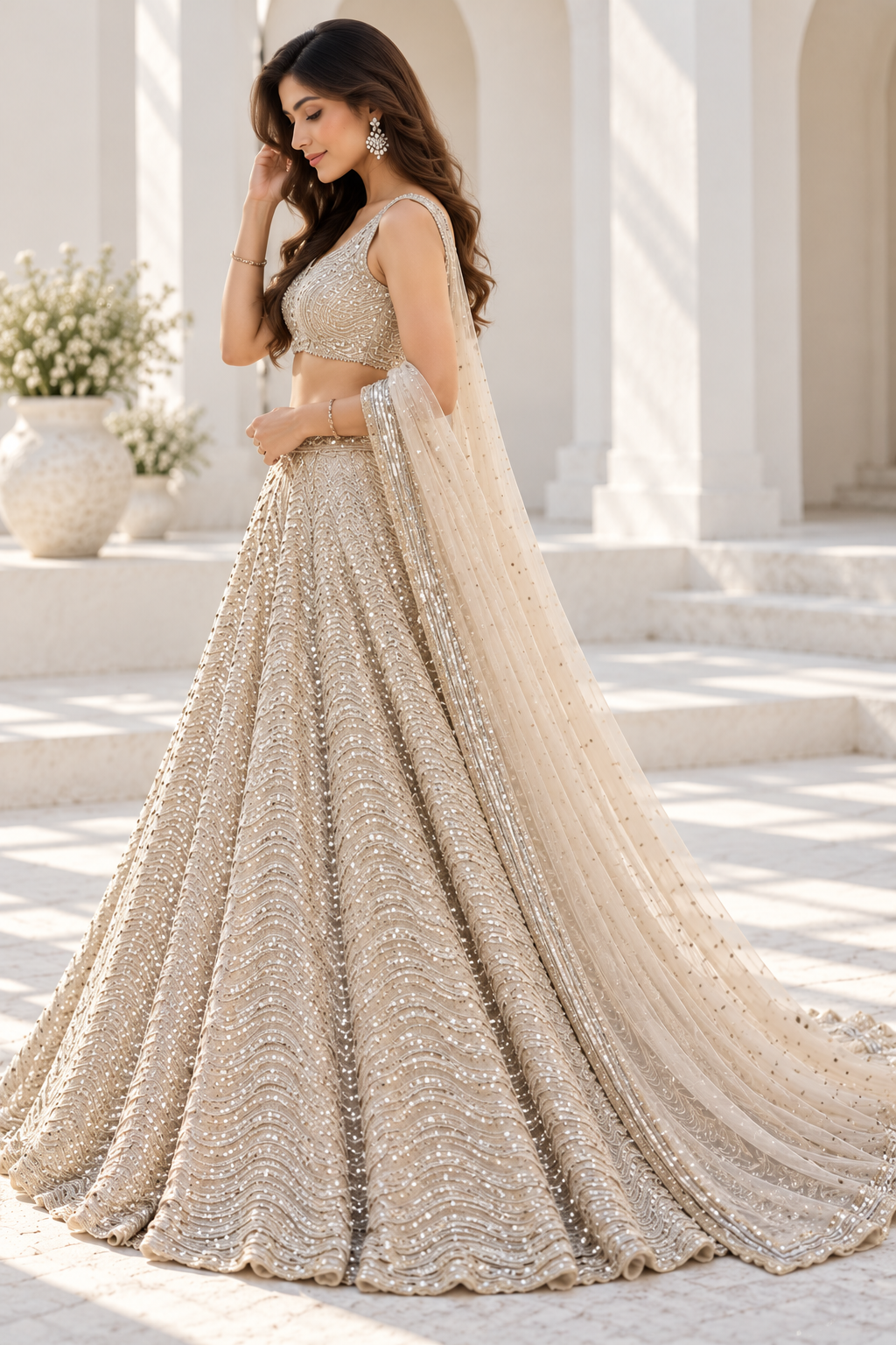 Beige Premium Heavy Organza Silk Coding & Sequins Work Bridal Lehenga Choli with Dupatta
