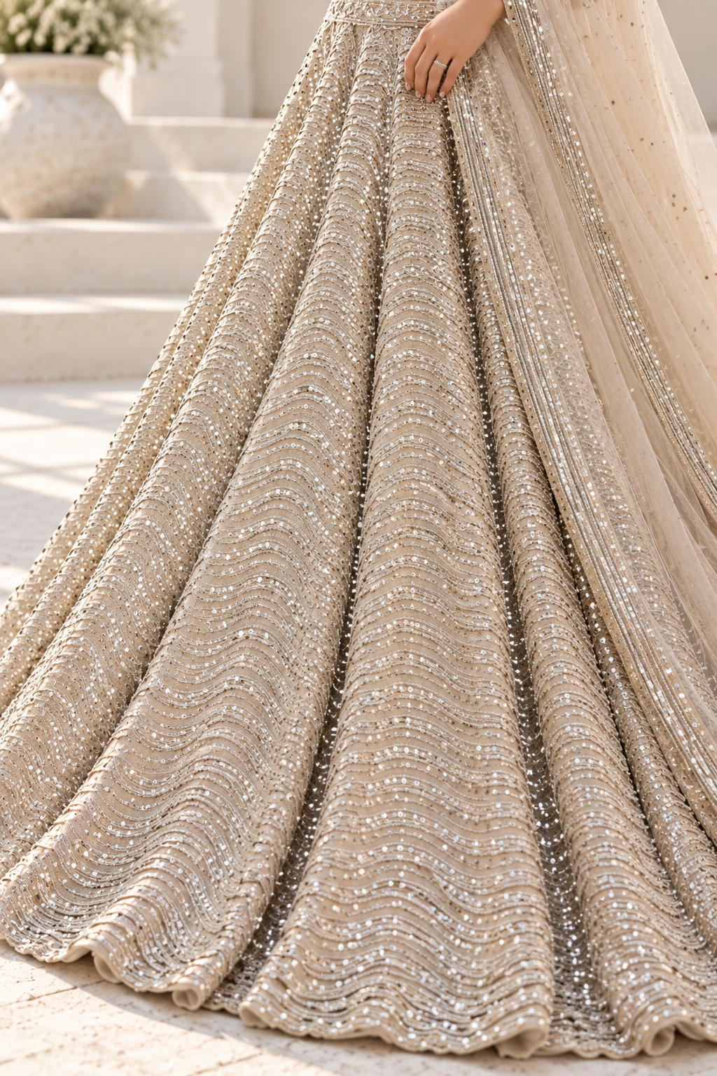 Beige Premium Heavy Organza Silk Coding & Sequins Work Bridal Lehenga Choli with Dupatta