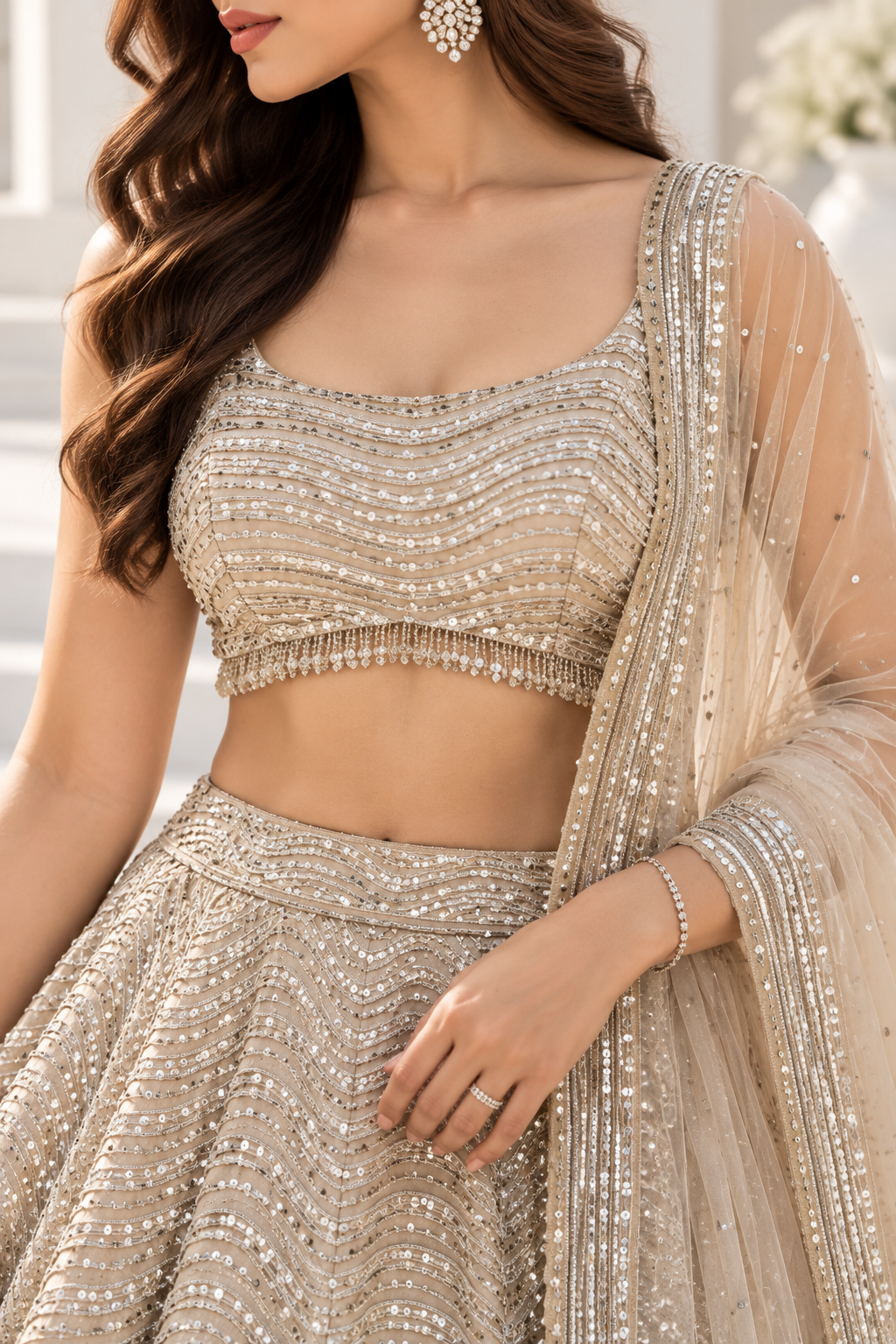 Beige Premium Heavy Organza Silk Coding & Sequins Work Bridal Lehenga Choli with Dupatta
