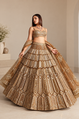 Gold Premium Heavy Malai Silk Coding, Zari & Sequins Work Bridal Lehenga Choli with Net Dupatta