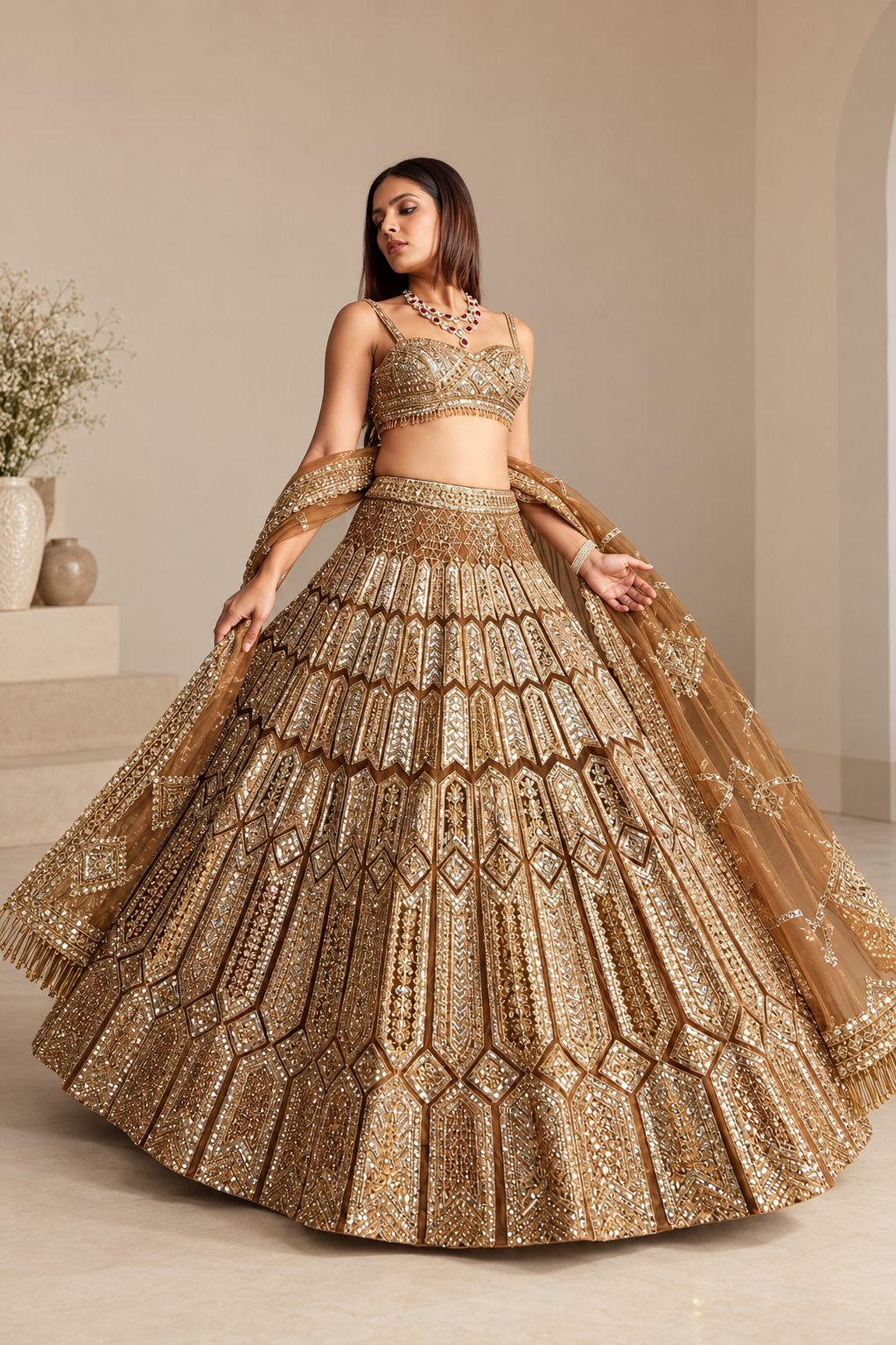 Gold Premium Heavy Malai Silk Coding, Zari & Sequins Work Bridal Lehenga Choli with Net Dupatta