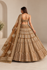 Gold Premium Heavy Malai Silk Coding, Zari & Sequins Work Bridal Lehenga Choli with Net Dupatta