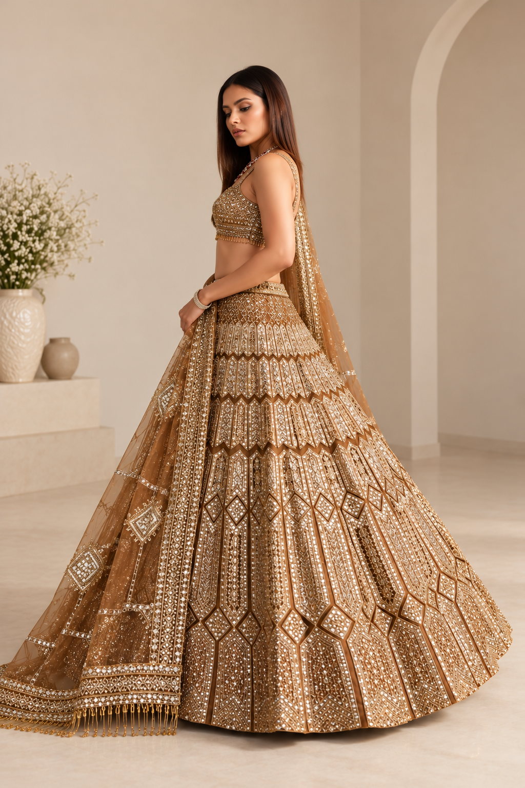 Gold Premium Heavy Malai Silk Coding, Zari & Sequins Work Bridal Lehenga Choli with Net Dupatta