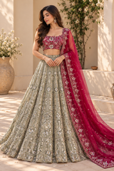 Grey & Maroon Premium Heavy Faux Georgette Heavy Embroidery, Coding & Sequins Work Designer Bridal Lehenga Choli with Net Dupatta