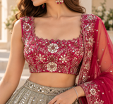 Grey & Maroon Premium Heavy Faux Georgette Heavy Embroidery, Coding & Sequins Work Designer Bridal Lehenga Choli with Net Dupatta