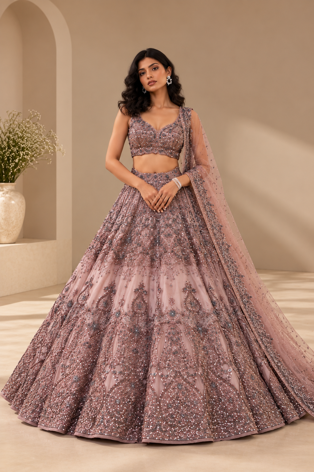 Dusty Rose Premium Heavy Soft Net Glitter Dori and Sequins Work Bridal Lehenga Choli with Net Dupatta