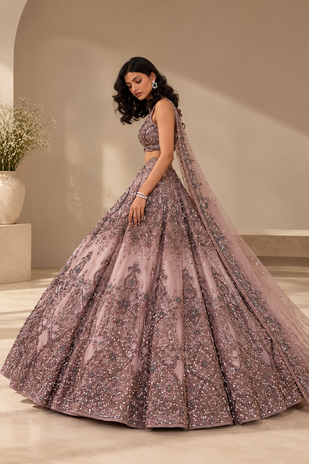 Dusty Rose Premium Heavy Soft Net Glitter Dori and Sequins Work Bridal Lehenga Choli with Net Dupatta