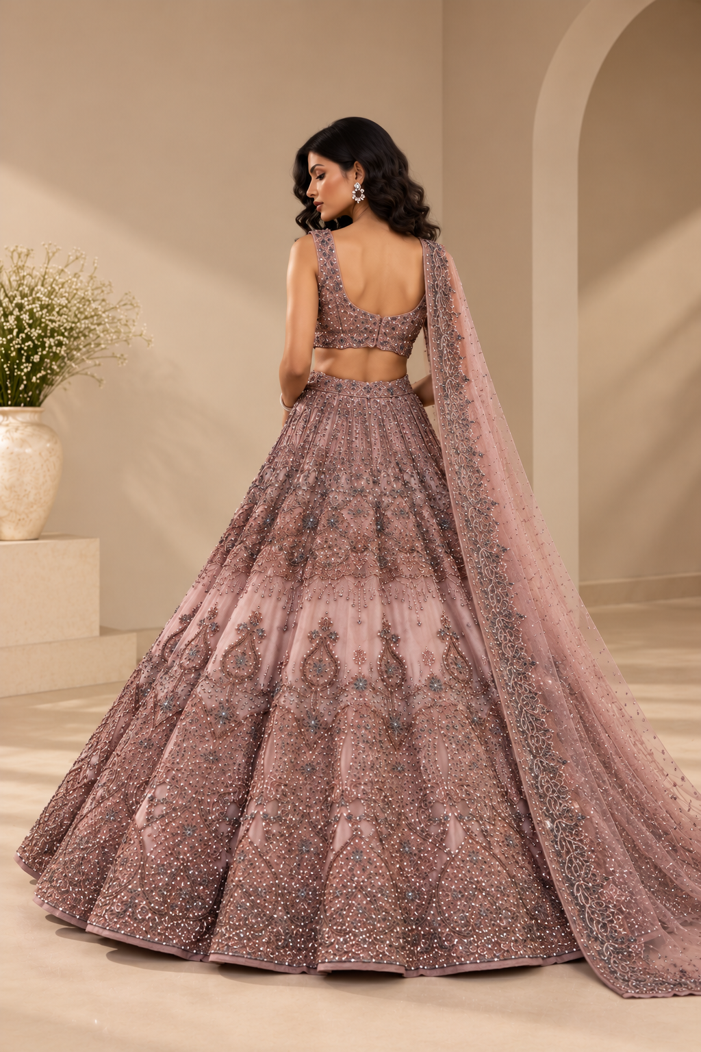 Dusty Rose Premium Heavy Soft Net Glitter Dori and Sequins Work Bridal Lehenga Choli with Net Dupatta