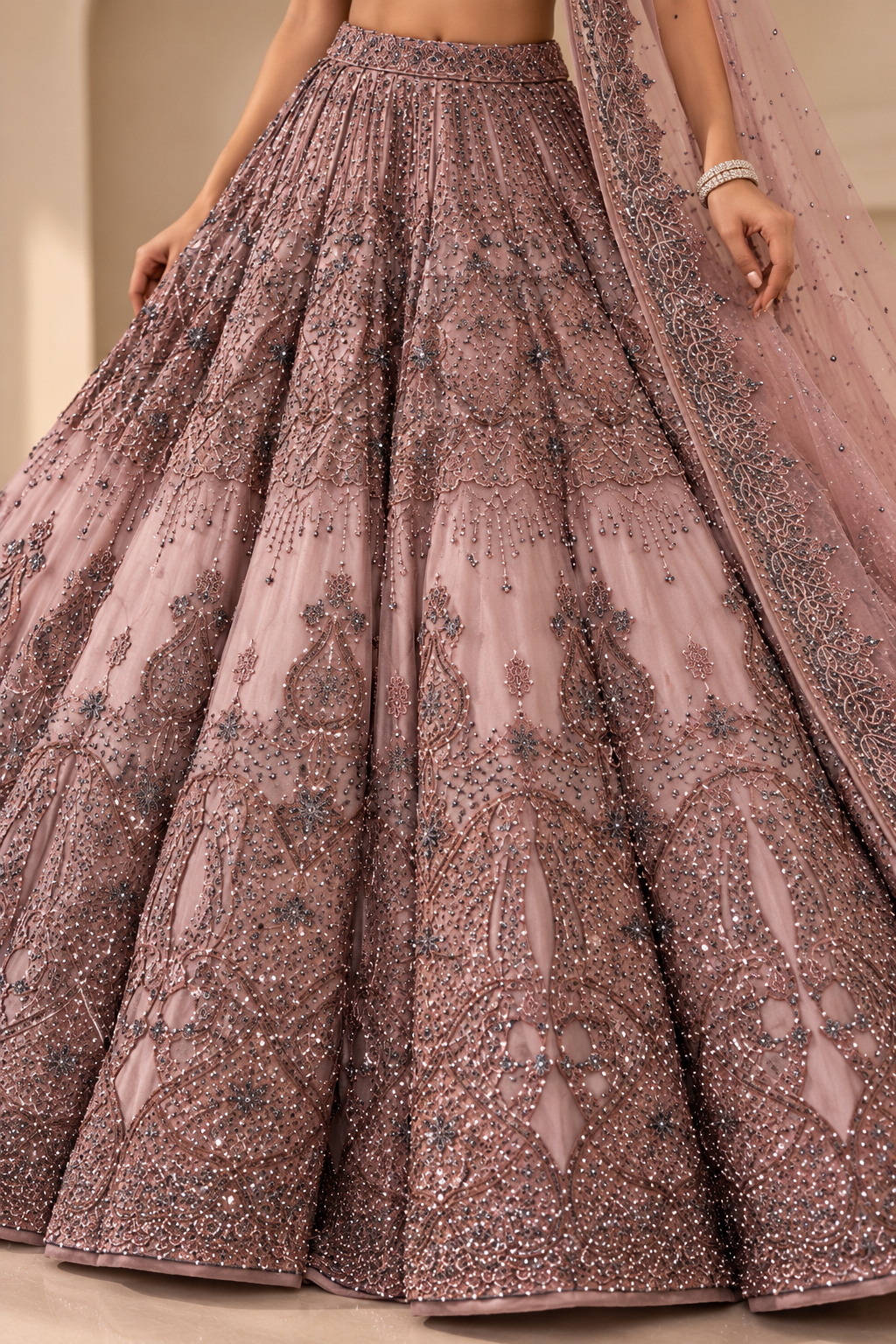 Dusty Rose Premium Heavy Soft Net Glitter Dori and Sequins Work Bridal Lehenga Choli with Net Dupatta