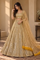 Gold Premium Soft Net Dori, Coding & Heavy Sequins Work Bridal Lehenga Choli with Feather Lace Dupatta