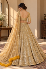 Gold Premium Soft Net Dori, Coding & Heavy Sequins Work Bridal Lehenga Choli with Feather Lace Dupatta