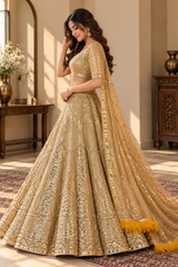 Gold Premium Soft Net Dori, Coding & Heavy Sequins Work Bridal Lehenga Choli with Feather Lace Dupatta