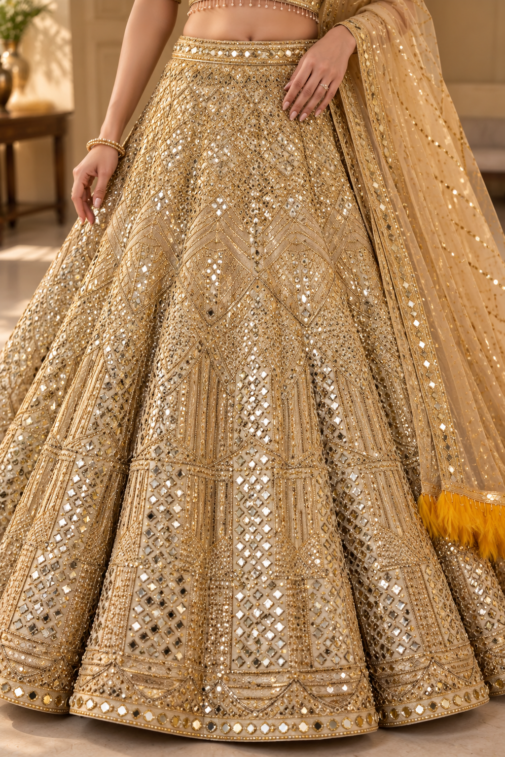 Gold Premium Soft Net Dori, Coding & Heavy Sequins Work Bridal Lehenga Choli with Feather Lace Dupatta