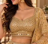 Gold Premium Soft Net Dori, Coding & Heavy Sequins Work Bridal Lehenga Choli with Feather Lace Dupatta