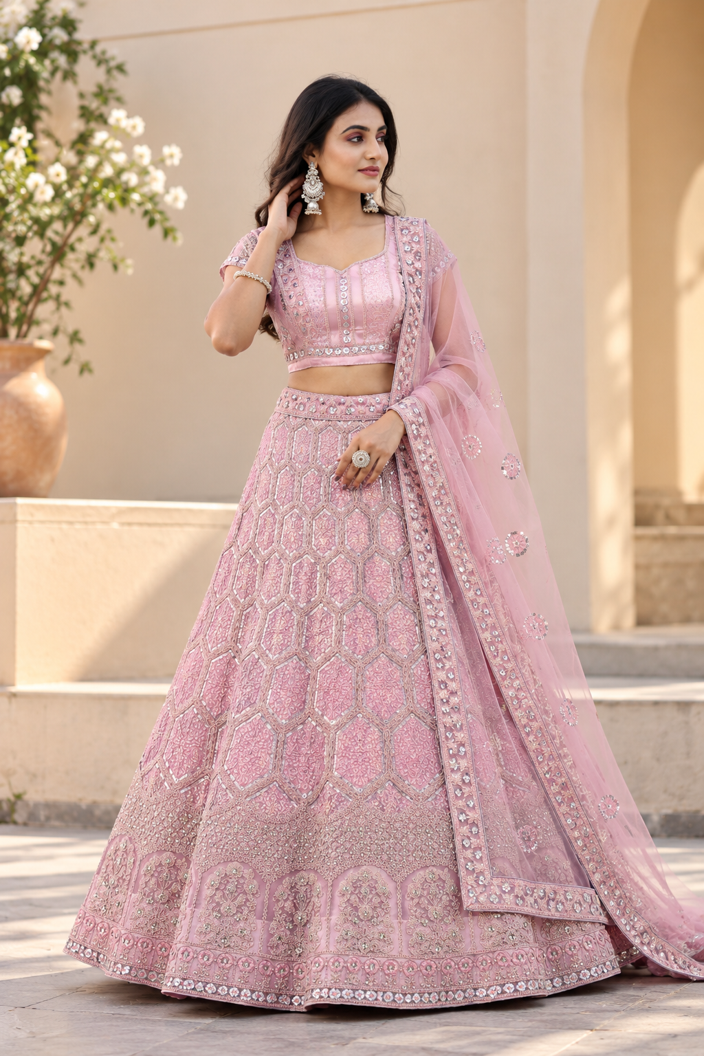 Pink Premium Net Heavy Embroidery, Glitter Dori, Sequins & Jarkan Work Designer Bridal Lehenga Choli with Net Dupatta