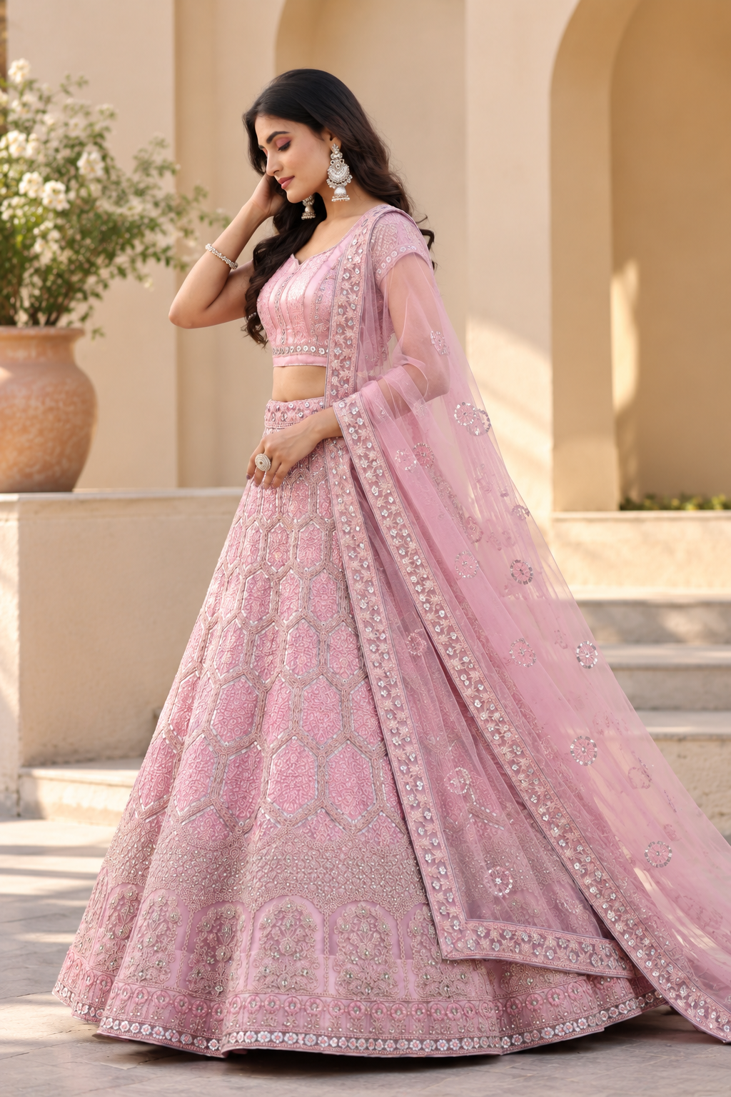 Pink Premium Net Heavy Embroidery, Glitter Dori, Sequins & Jarkan Work Designer Bridal Lehenga Choli with Net Dupatta