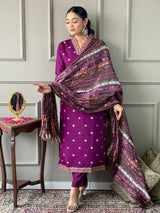 Purple Chanderi Silk Embroidered Designer Kurti with Pants and Heavy Ethnic Dupatta Set
