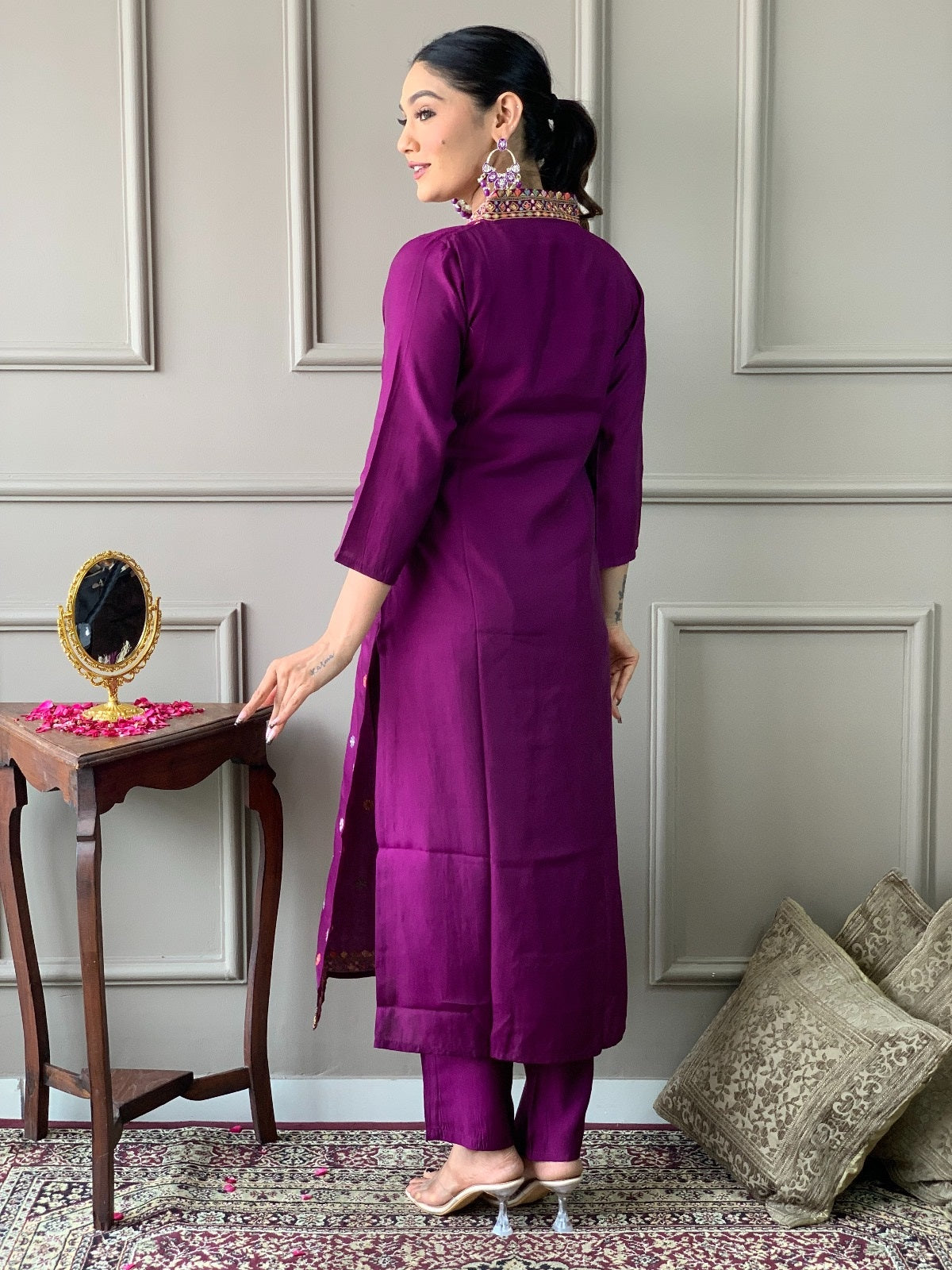 Purple Chanderi Silk Embroidered Designer Kurti with Pants and Heavy Ethnic Dupatta Set