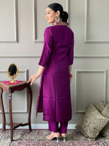 Purple Chanderi Silk Embroidered Designer Kurti with Pants and Heavy Ethnic Dupatta Set