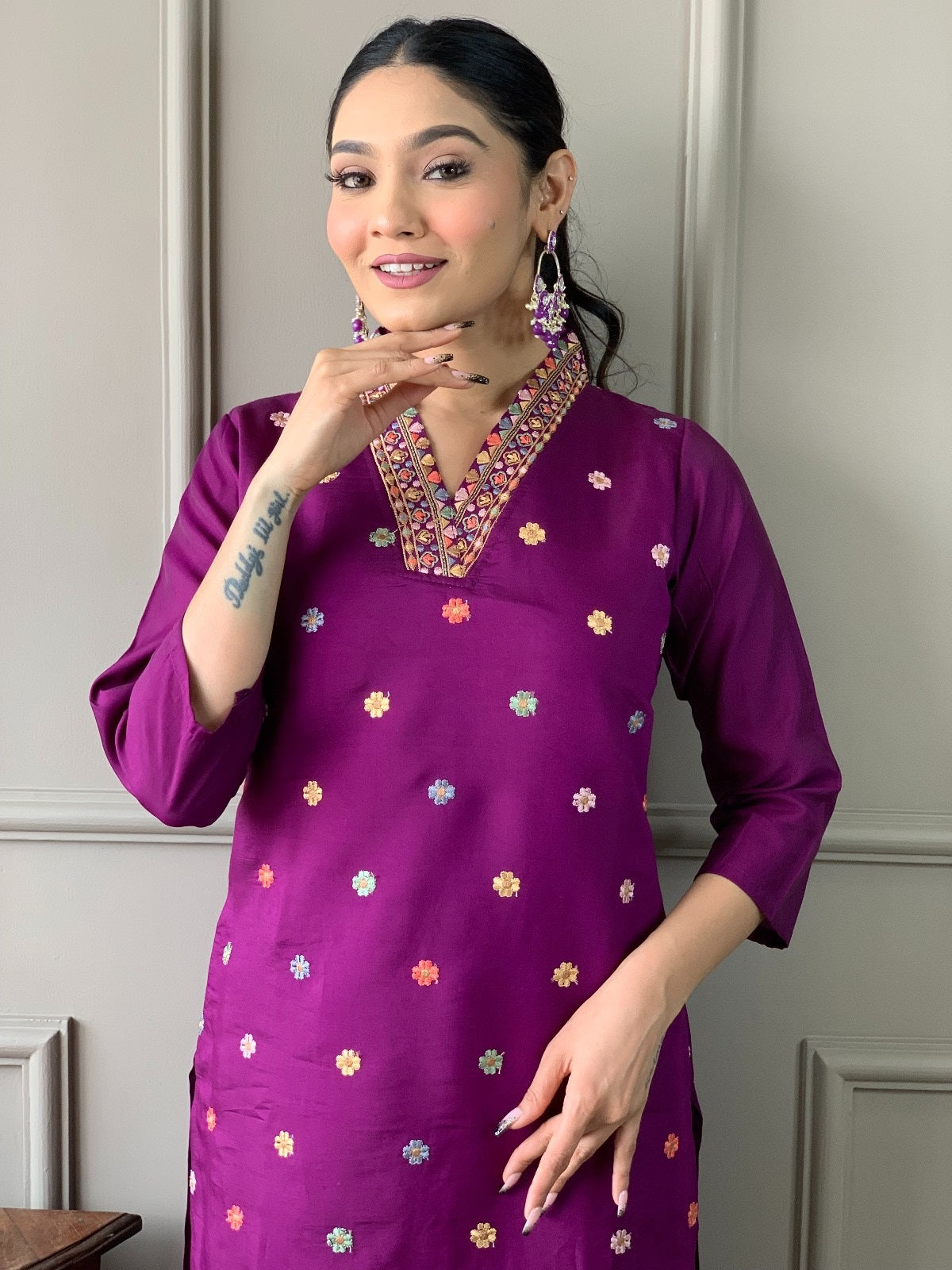 Purple Chanderi Silk Embroidered Designer Kurti with Pants and Heavy Ethnic Dupatta Set