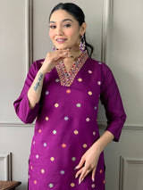 Purple Chanderi Silk Embroidered Designer Kurti with Pants and Heavy Ethnic Dupatta Set