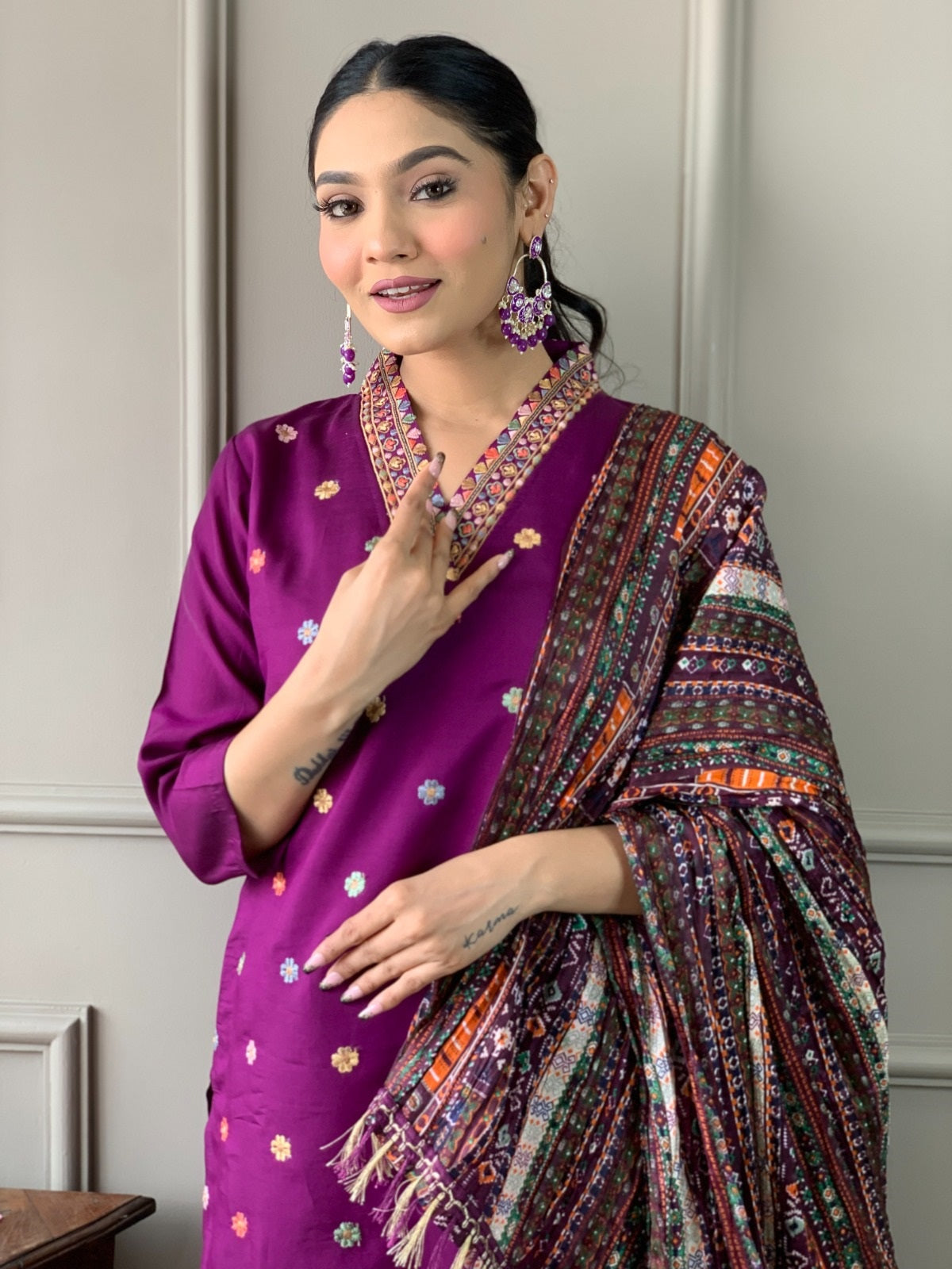 Purple Chanderi Silk Embroidered Designer Kurti with Pants and Heavy Ethnic Dupatta Set