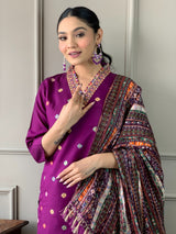 Purple Chanderi Silk Embroidered Designer Kurti with Pants and Heavy Ethnic Dupatta Set