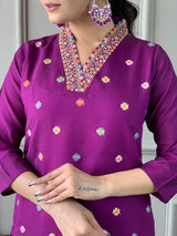 Purple Chanderi Silk Embroidered Designer Kurti with Pants and Heavy Ethnic Dupatta Set