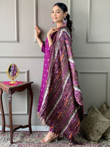 Purple Chanderi Silk Embroidered Designer Kurti with Pants and Heavy Ethnic Dupatta Set